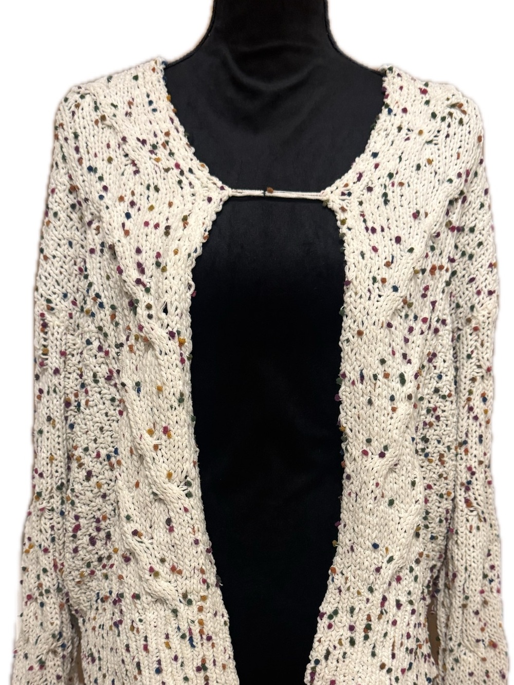Open-Front Cream Speckled Knit Cardigan